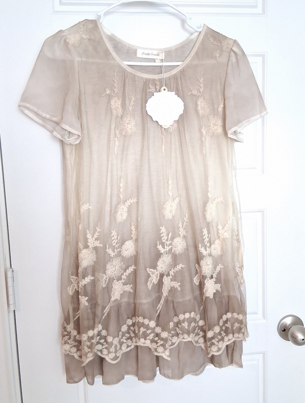 ​Simply Couture Boho Embroidered Lace Overlay Tunic Dress Beige Tan NWT XL
